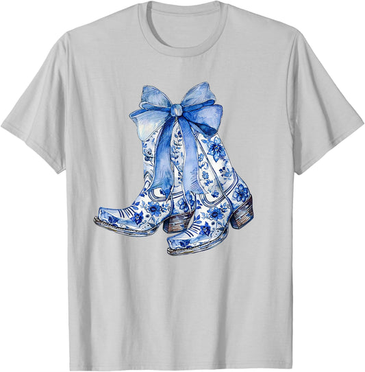 Blue and White Coastal Cowgirl Boot T-Shirt - T-Shirt | Ash