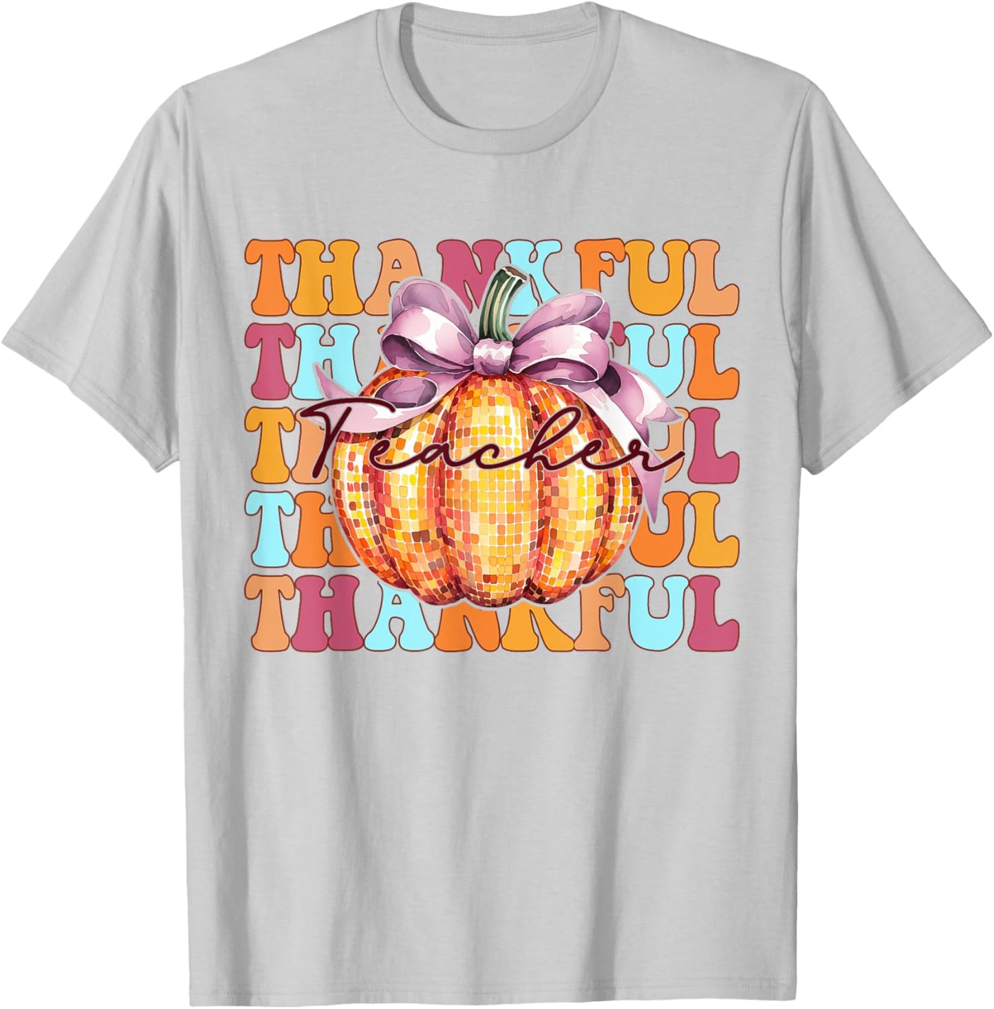 Retro Groovy Coquette Pumpkin Fall Thanksgiving Teacher T-Shirt - T-Shirt | Ash