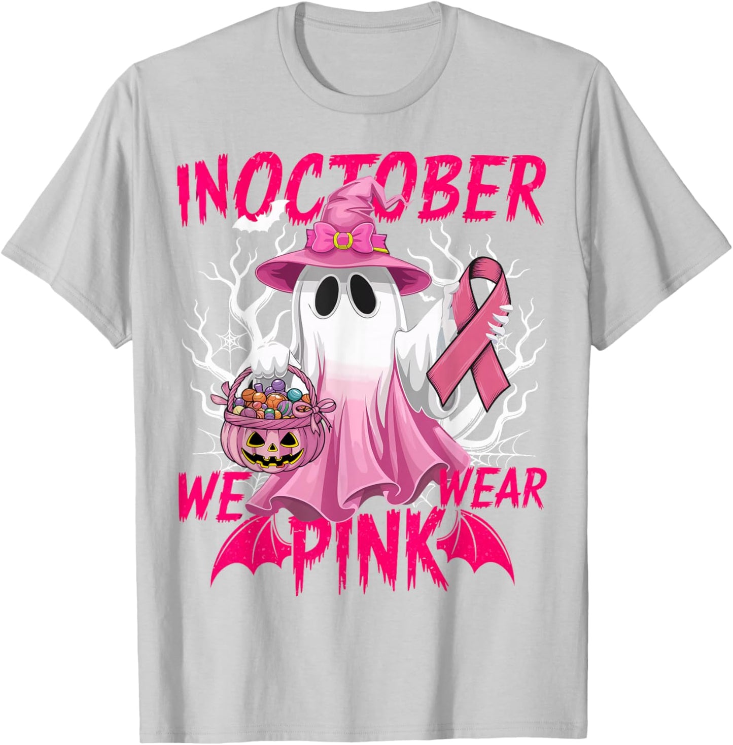 In October We Wear Pink Shirt Breast Cancer Awareness Ghost T-Shirt - T-Shirt | Ash