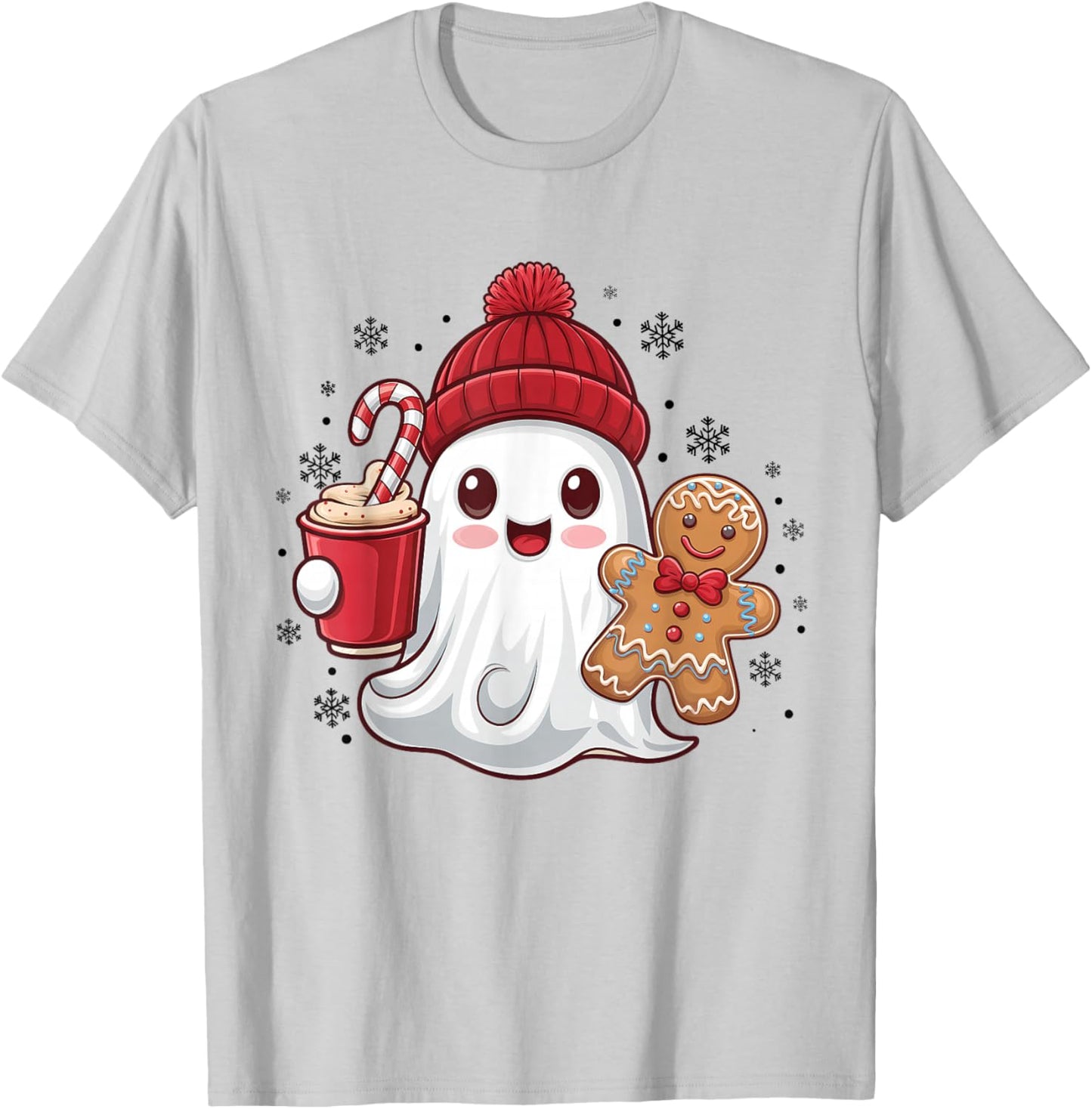 Cute Ghost Iced Coffee Christmas Funny Xmas Holiday T-Shirt - T-Shirt | Ash