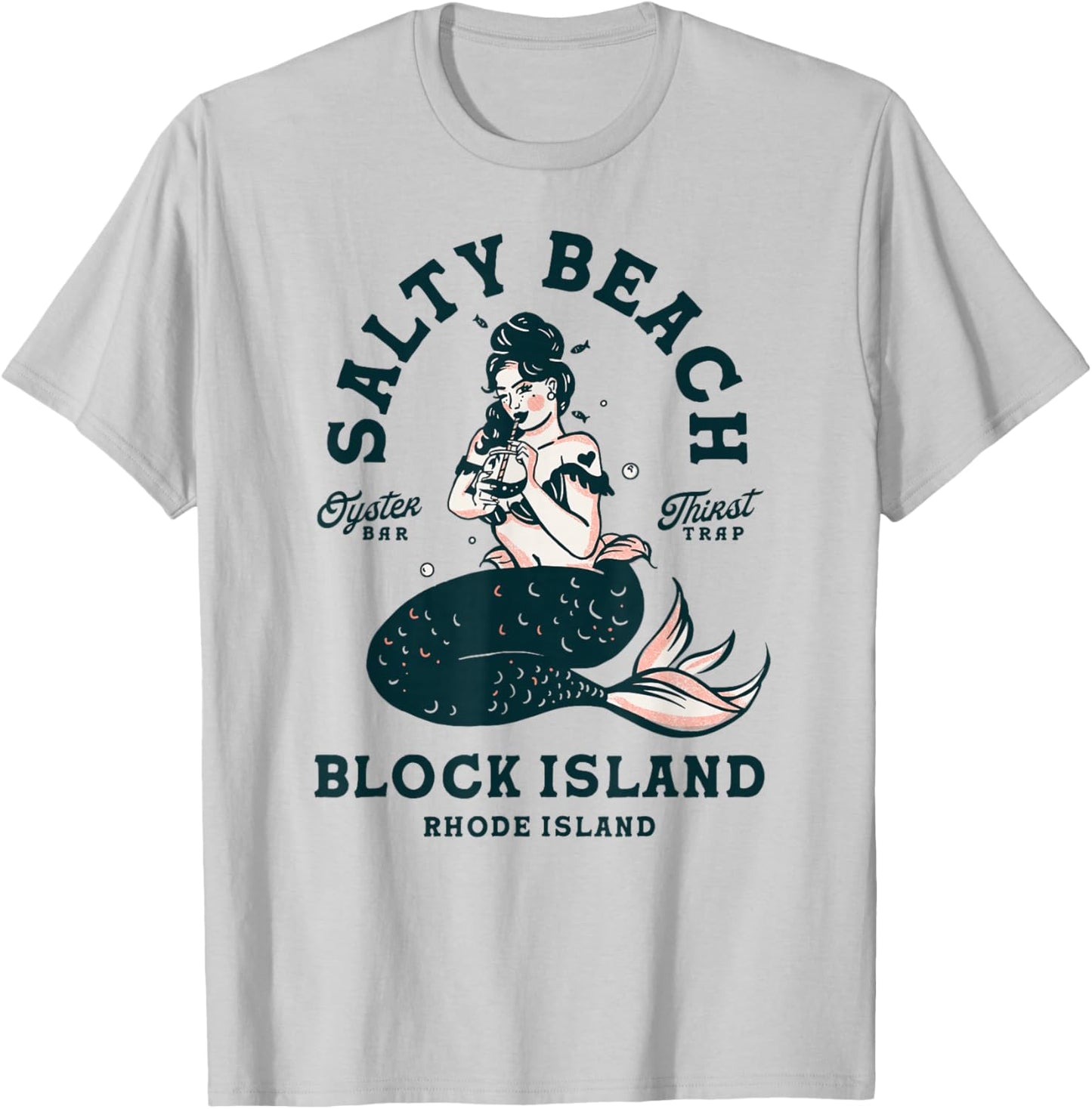 Block Island Rhode Island Oyster Bar: Pin Up Mermaid Seafood T-Shirt - T-Shirt | Ash