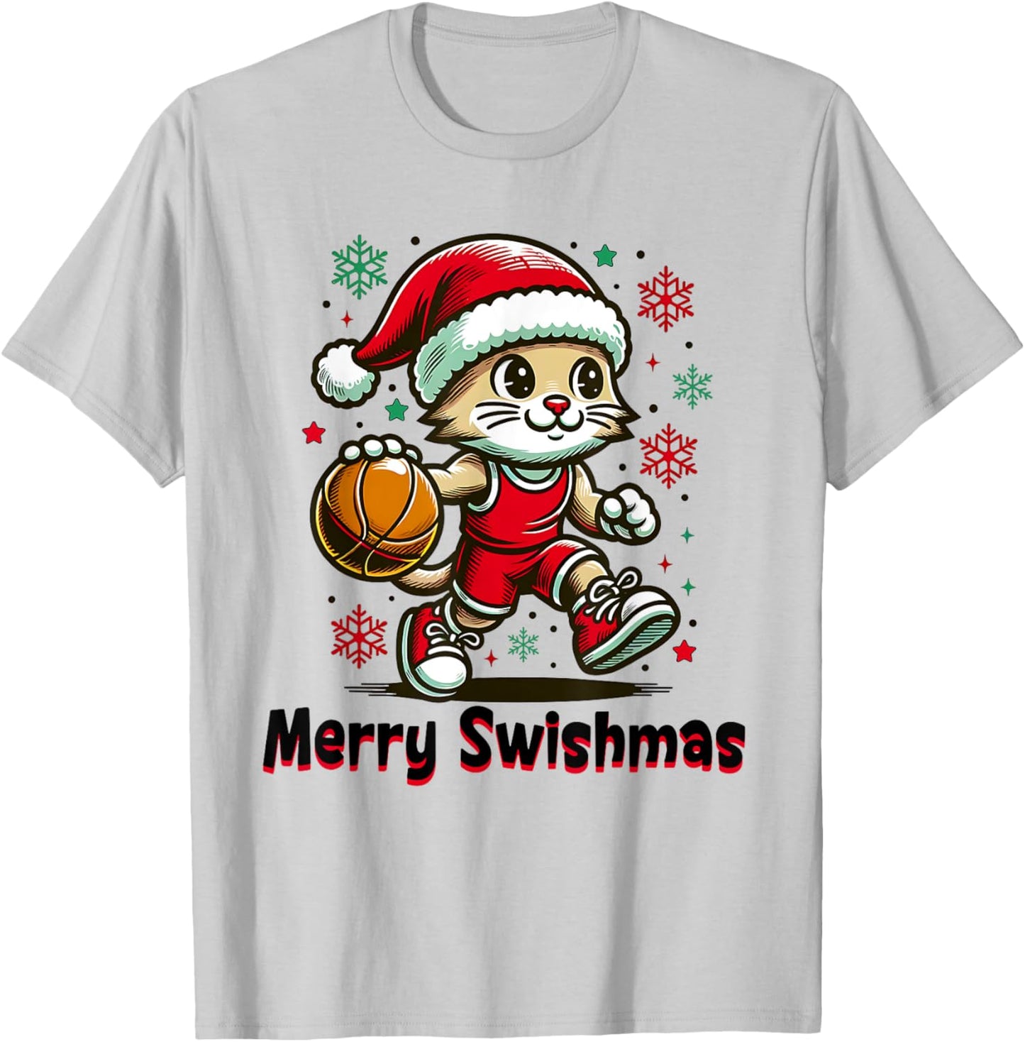 Christmas Basketball Merry Swishmas Funny Cat and Sports T-Shirt - T-Shirt | Ash