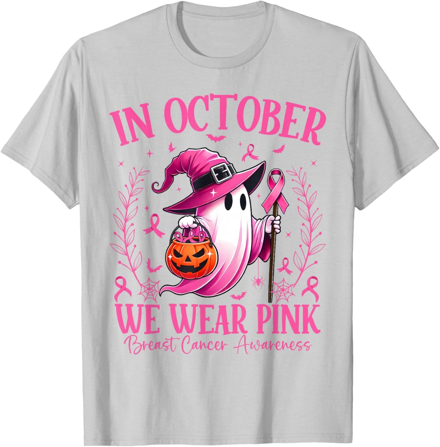 In October We Wear Pink Breast Cancer Awareness Halloween T-Shirt - T-Shirt | Ash