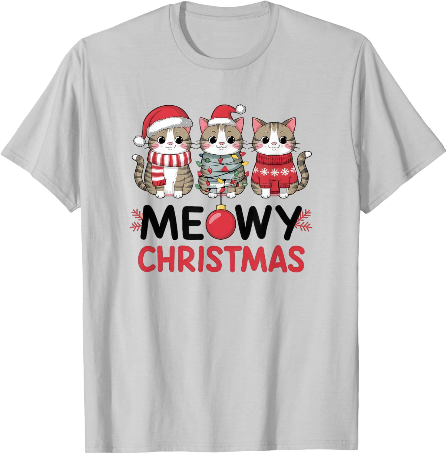 Meowy Christmas Cute Cat Merry Xmas Holiday Graphic Men Women Kids T-Shirt - T-Shirt | Ash