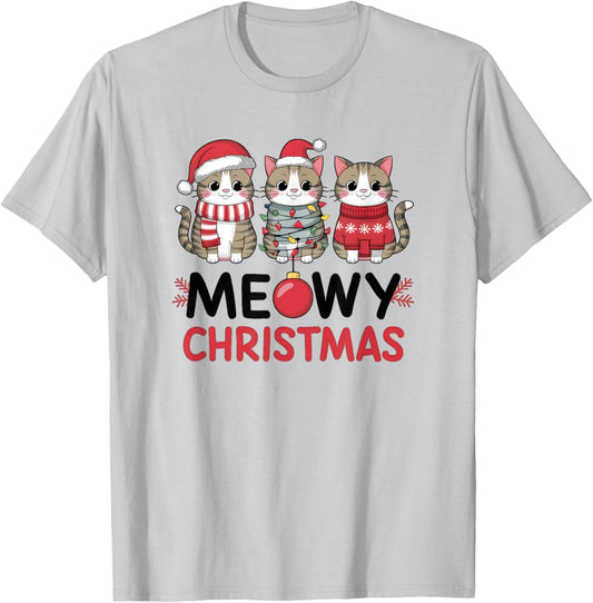 Meowy Christmas Cute Cat Merry Xmas Holiday Graphic Men Women Kids T-Shirt - T-Shirt | Ash
