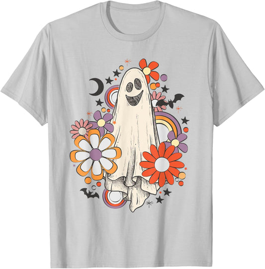 Retro Vintage Ghost Floral Pumpkin Halloween Girls T-Shirt - T-Shirt | Ash
