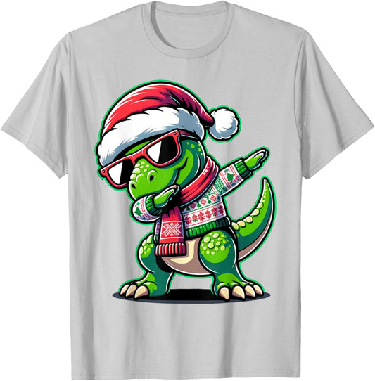 Christmas Dinosaur Boys Dabbing T Rex Santa Xmas Funny T-Shirt - T-Shirt | Ash