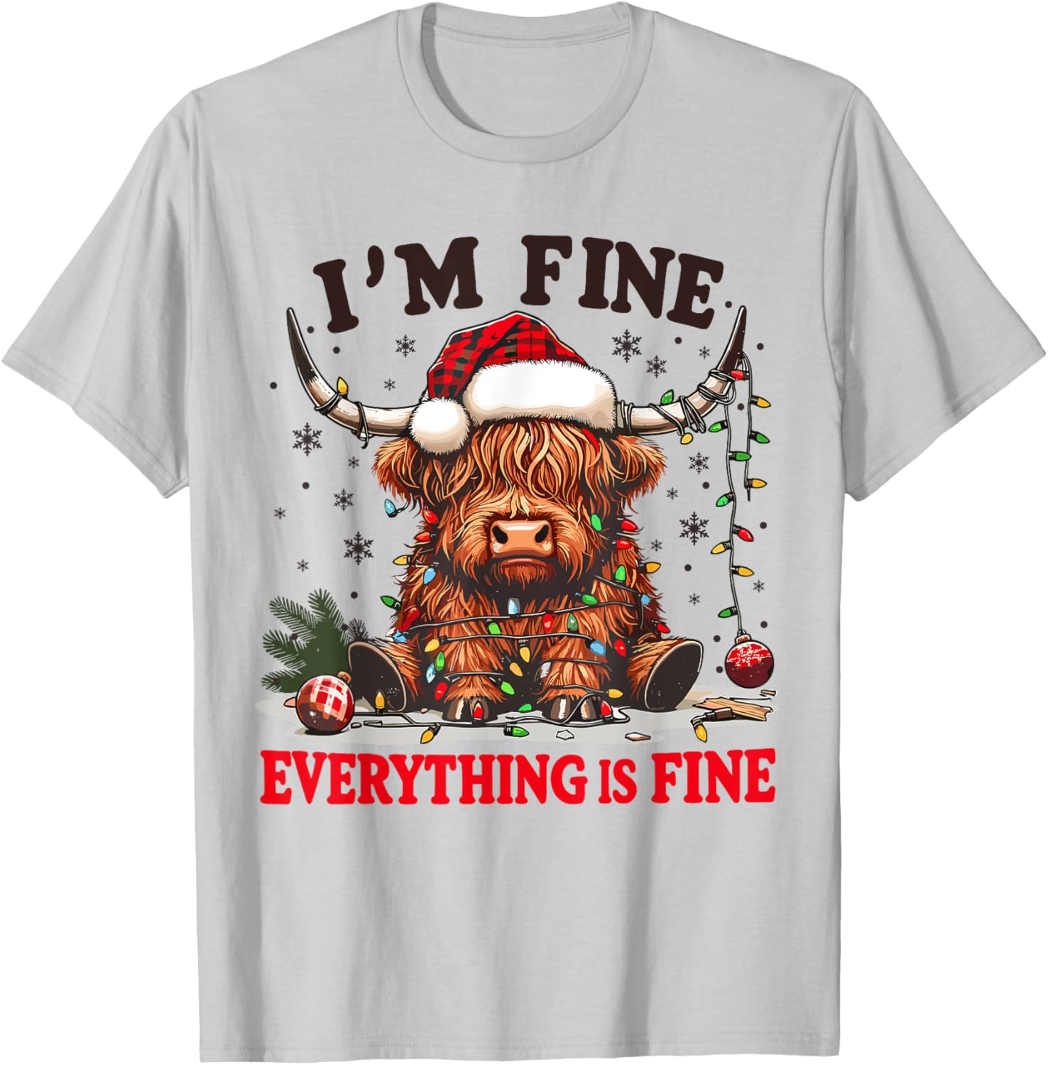 I'm Fine Everything is Fine Funny Christmas Highland Cow T-Shirt - T-Shirt | Ash