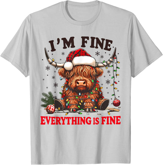 I'm Fine Everything is Fine Funny Christmas Highland Cow T-Shirt - T-Shirt | Ash
