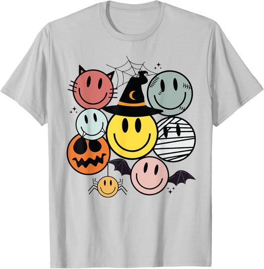 Funny Halloween Smile Face Retro Spooky Men Women Boy Girl T-Shirt - T-Shirt | Ash