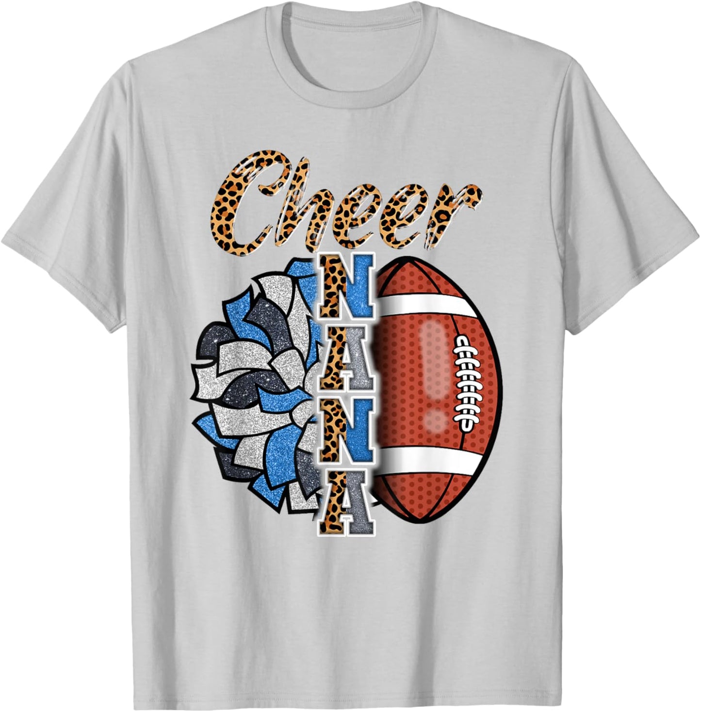 Football Cheer Nana Grandma Blue White Pom Pom Leopard T-Shirt - T-Shirt | Ash