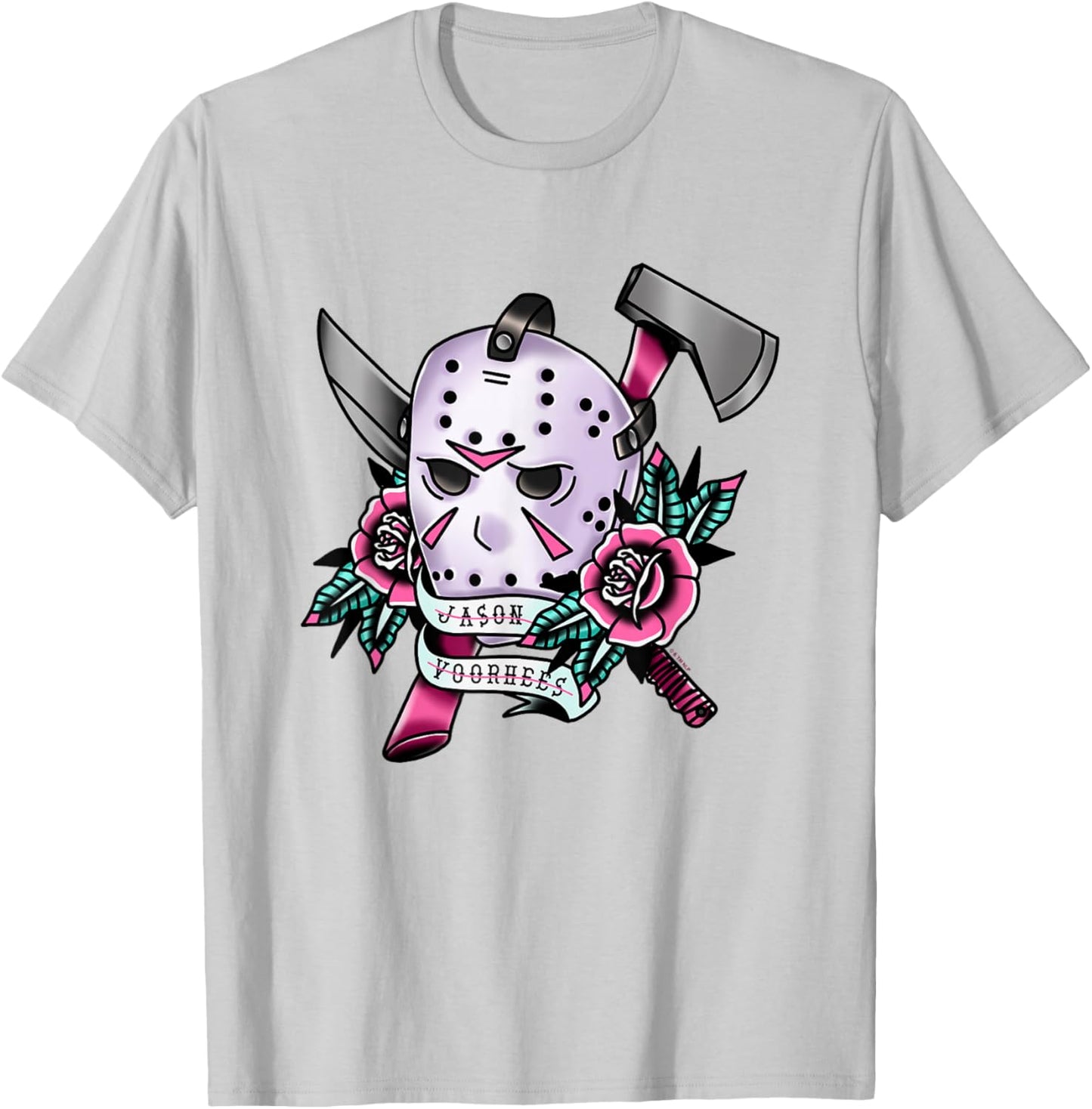 Friday The 13th Jason Voorhees Mask Tattoo Style Chest Logo T-Shirt - T-Shirt | Ash