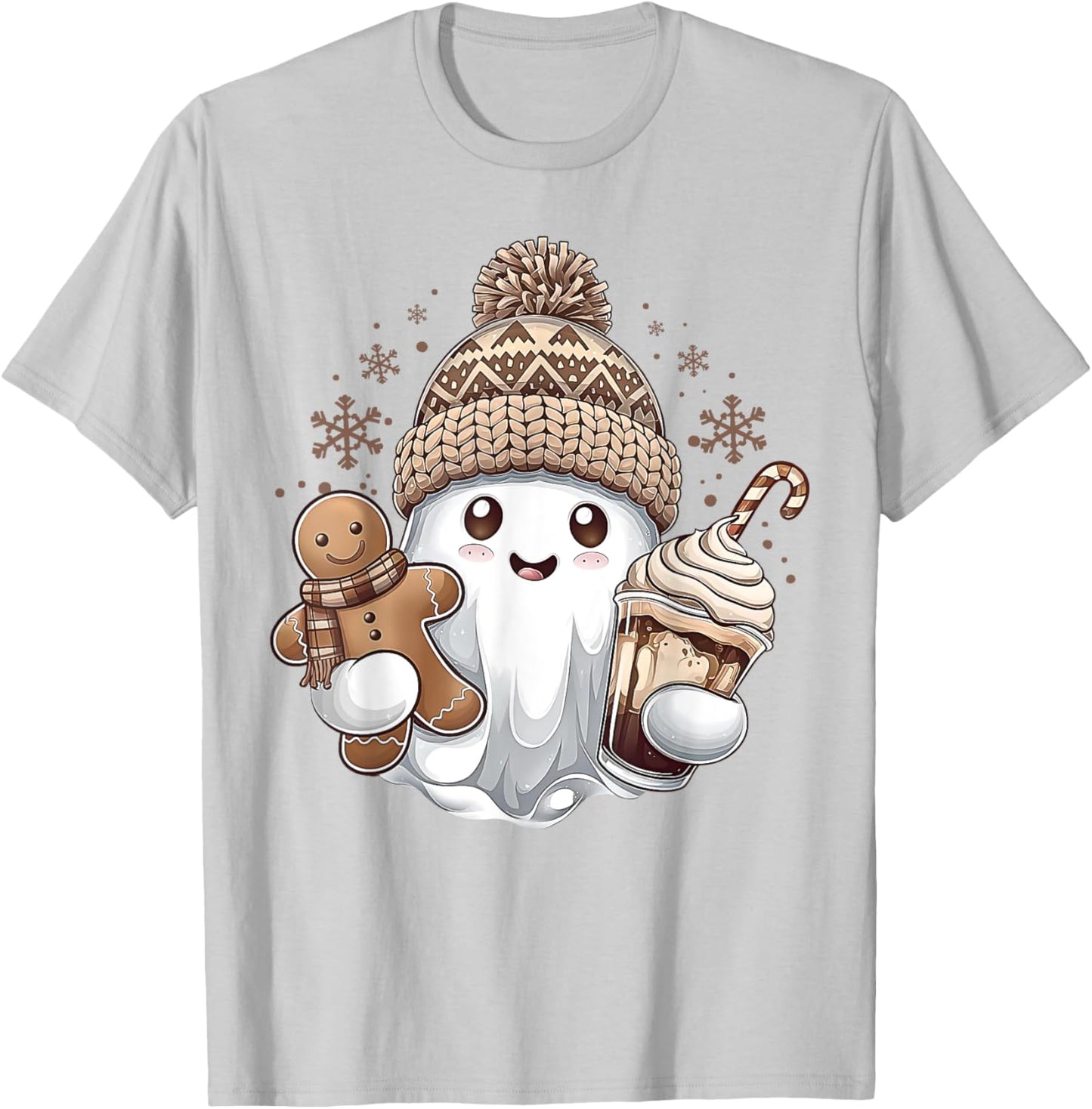 Cute Christmas Ghost Coffee Gingerbread Boojee Xmas Holiday T-Shirt - T-Shirt | Ash