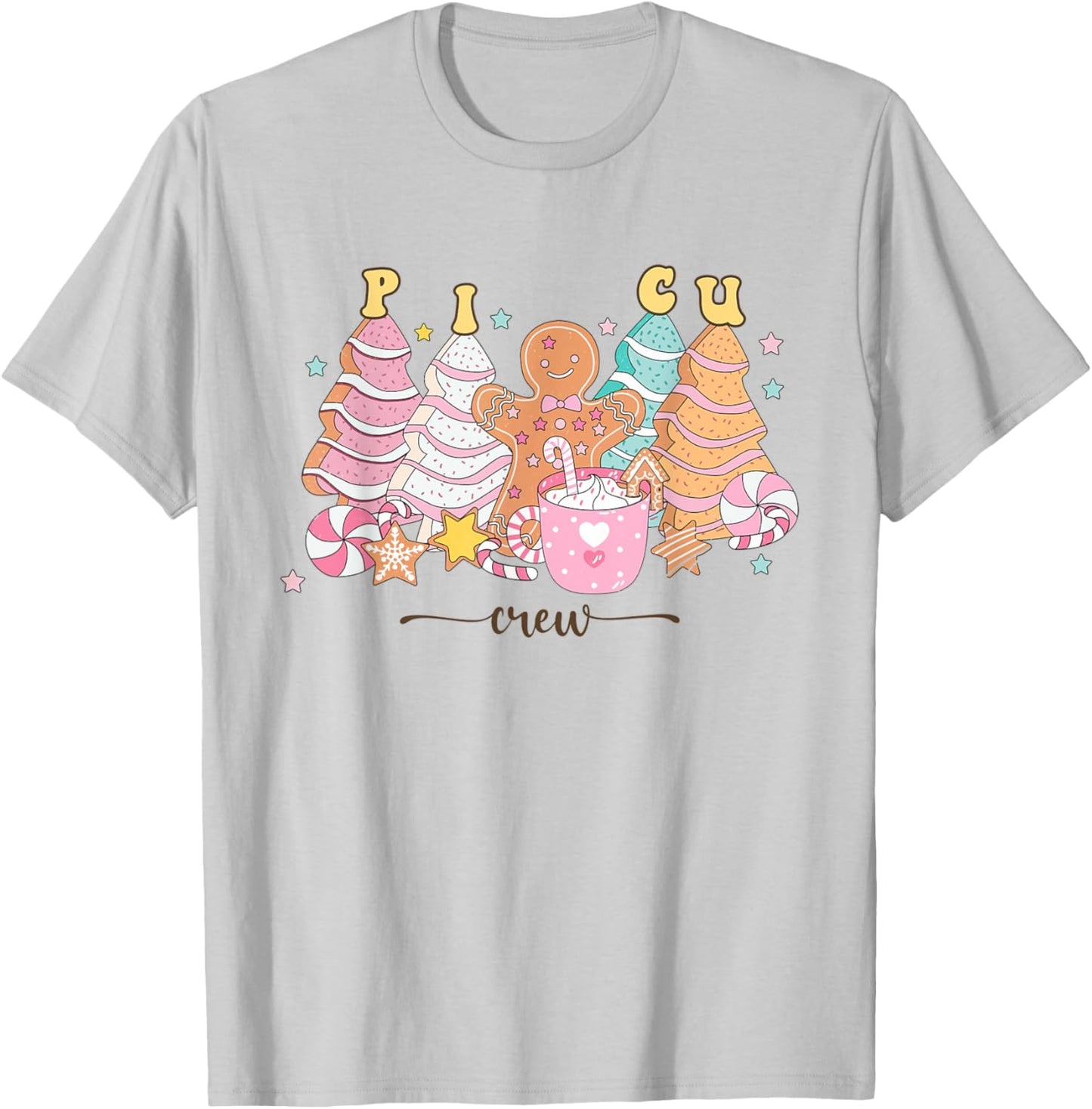 PICU Nurse Christmas Tree Gingerbread Pediatric ICU Nurse T T-Shirt - T-Shirt | Ash