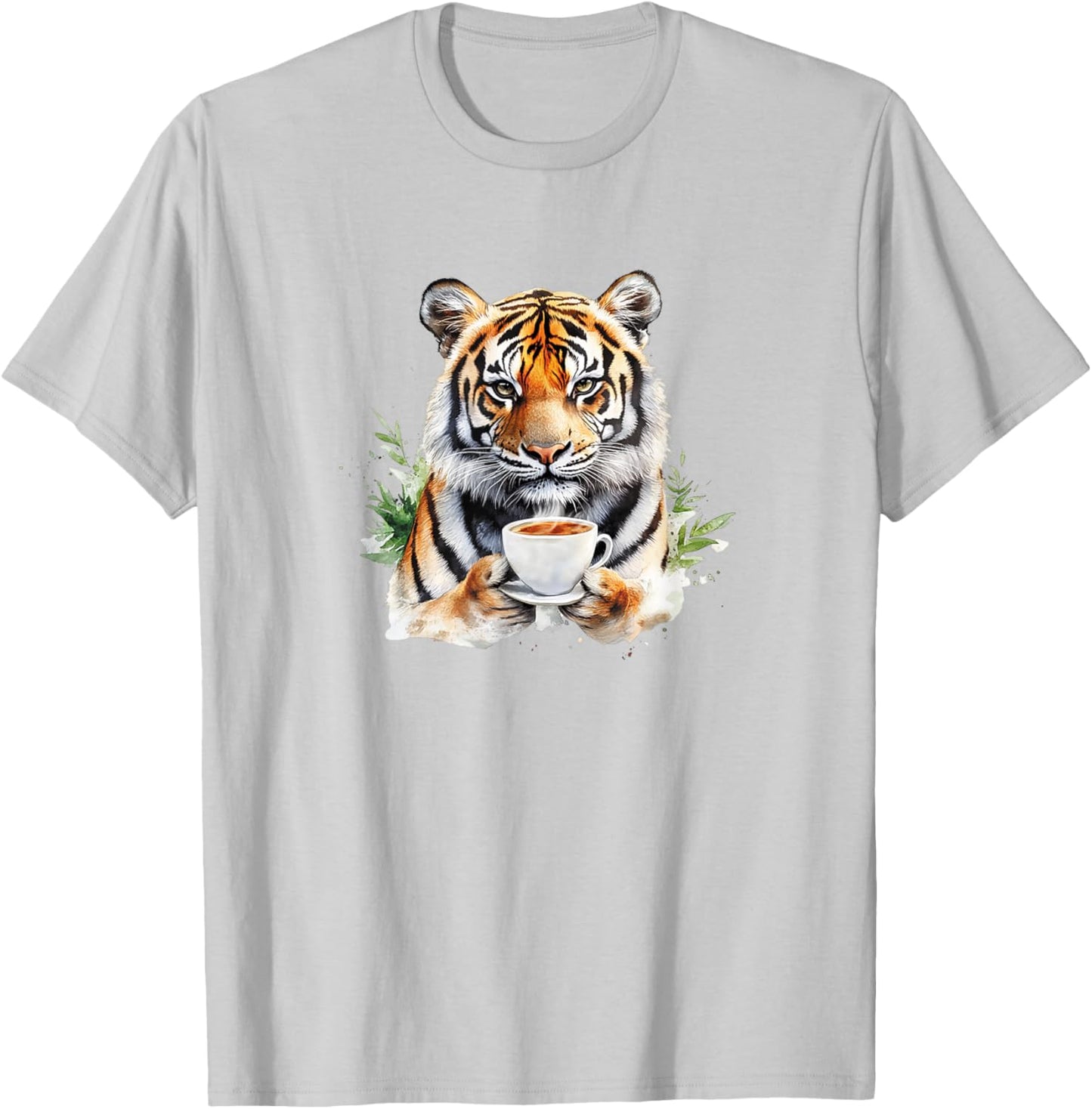 Animals Drinking Coffee - A Cute Tiger Holding A Coffee T-Shirt - T-Shirt | Ash
