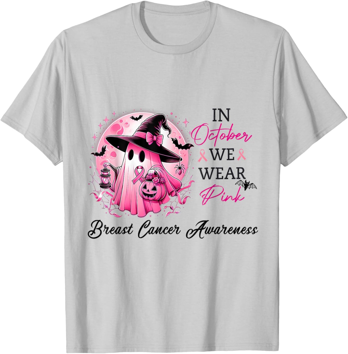 In October We Wear Pink Cute Ghost Breast Cancer Awareness T-Shirt - T-Shirt | Ash