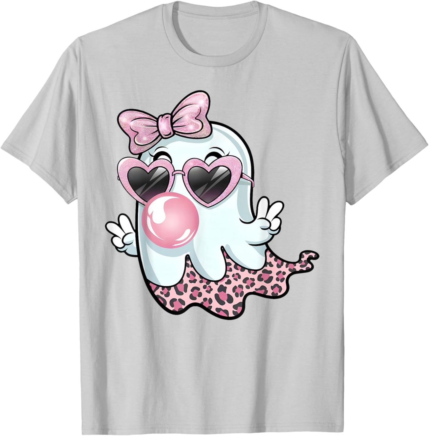 Cute Girly Leopard Ghost Blowing Bubble Gum Halloween Kids T-Shirt - T-Shirt | Ash