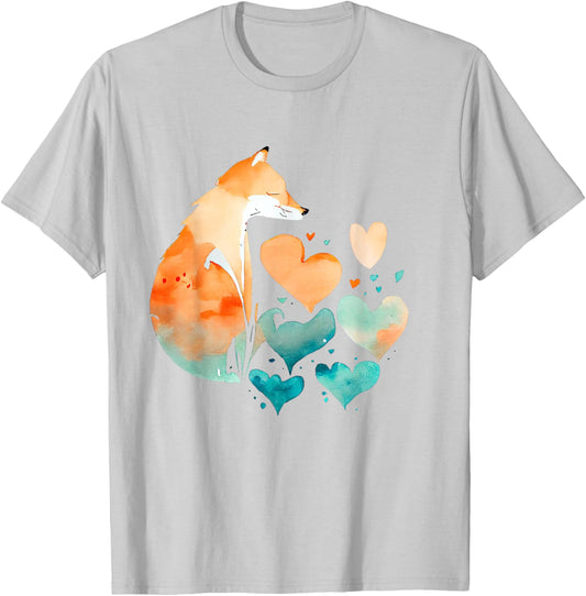 Fox With Hearts Watercolor Abstract Animal Art T-Shirt - T-Shirt | Ash