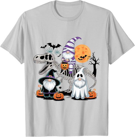 Funny Mummy Gnome Riding Skeleton T-Rex with Ghost Gnomes T-Shirt - T-Shirt | Ash