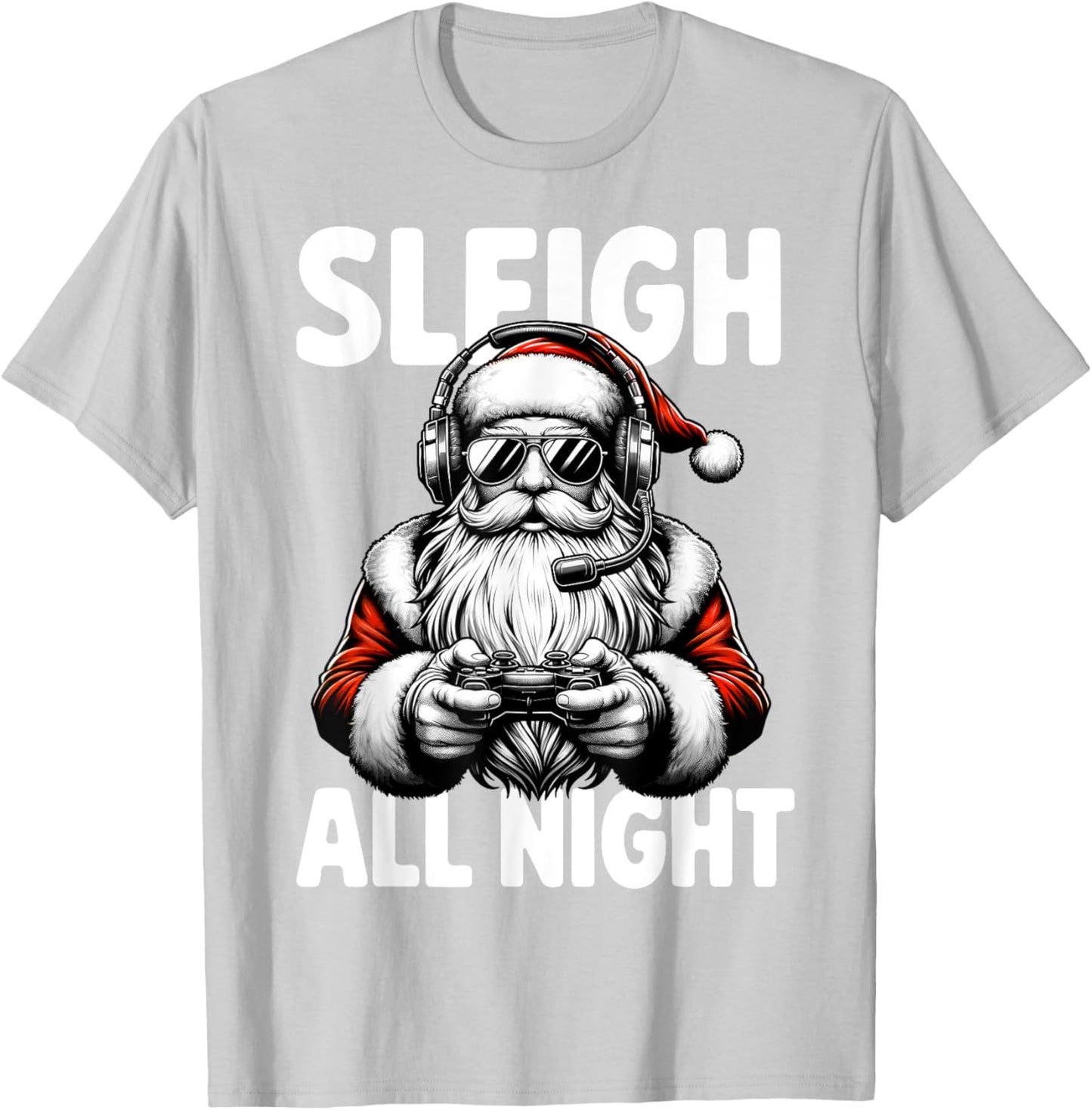 Christmas Gamer Boys Sleigh All Night Video Game Santa Xmas T-Shirt - T-Shirt | Ash