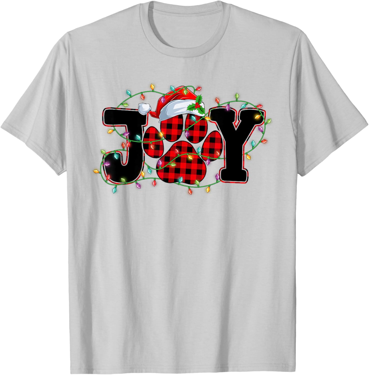 Funny Joy Dog Cat Paws Print Red Plaid Santa Hat Christmas Men Women Kids T-Shirt - T-Shirt | Ash