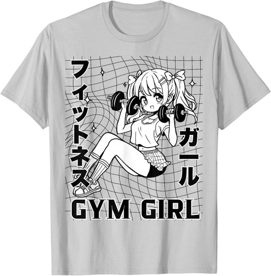 Cute Anime Gym Girl Dumbbells Workout Otaku Fitness Weeaboo T-Shirt - T-Shirt | Ash