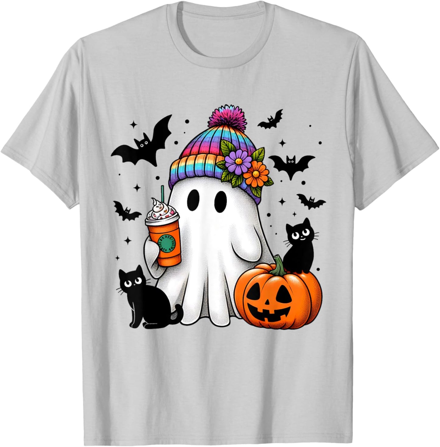 Cute Ghost Drinking Coffee Black Cat Ghost Pumpkin Halloween Men Women Kids T-Shirt - T-Shirt | Ash