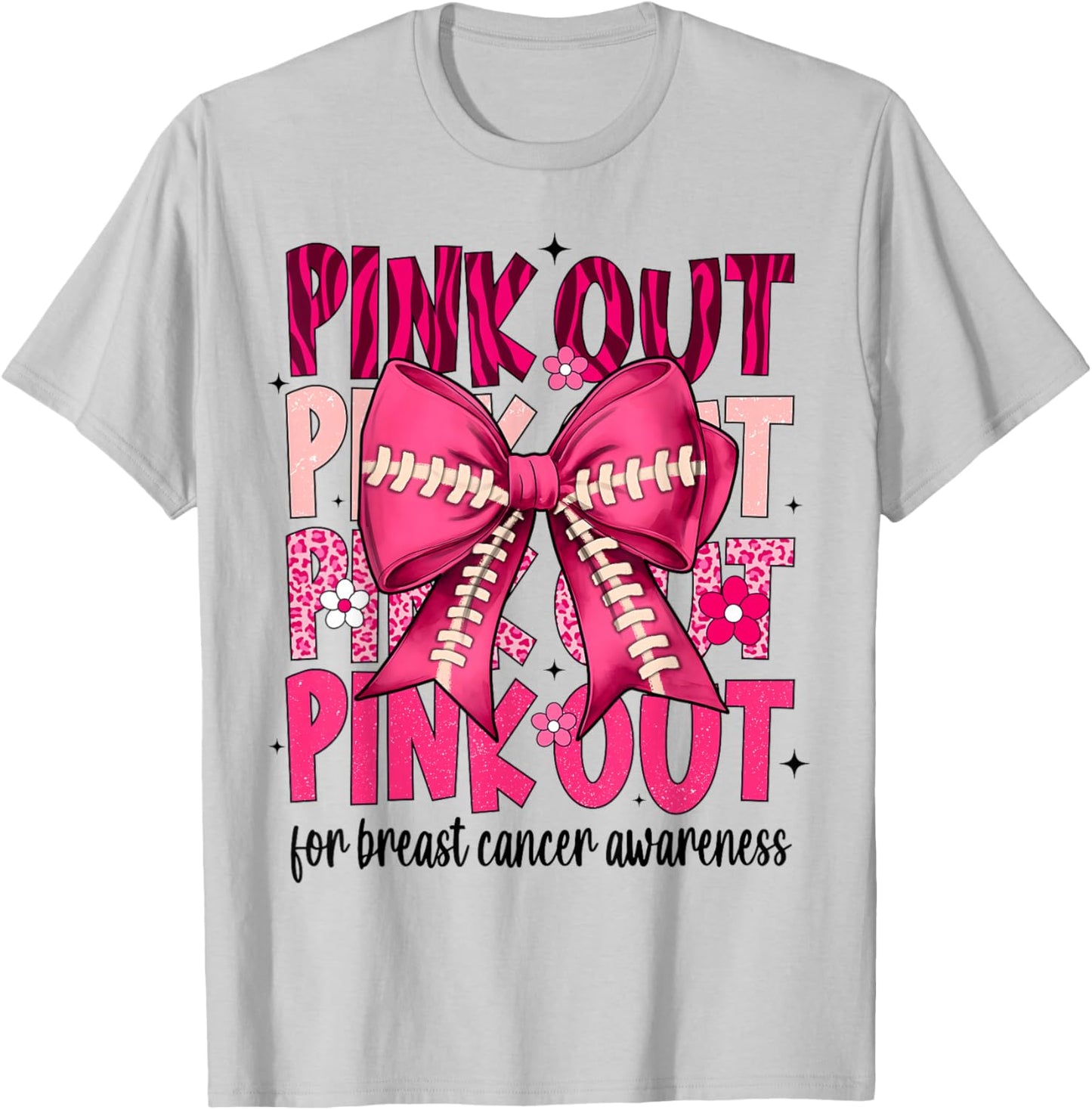 Pink Out Football Pink Coquette Bow Breast Cancer Awareness T-Shirt - T-Shirt | Ash