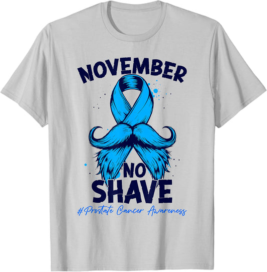 November No Shave Prostate Cancer Awareness Blue Ribbon T-Shirt - T-Shirt | Ash