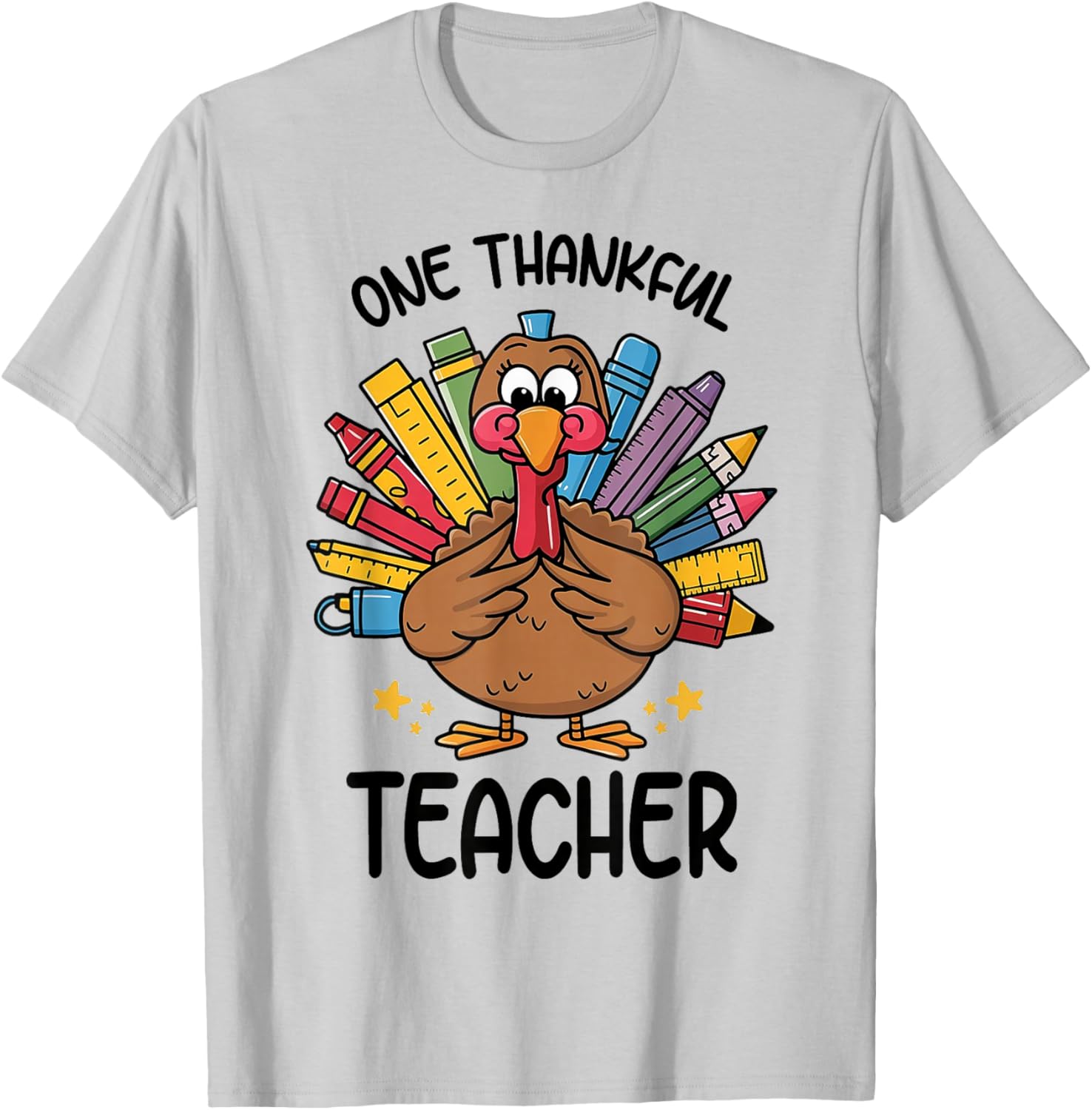 One Thankful Teacher Thanksgiving Turkey, Cute Crayon Pencil T-Shirt - T-Shirt | Ash