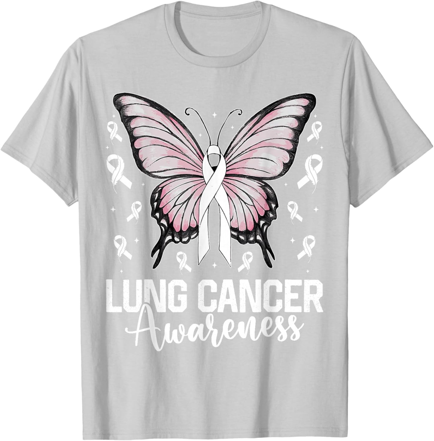 Lung Cancer Awareness Butterfly Ribbon Cancer Support T-Shirt - T-Shirt | Ash