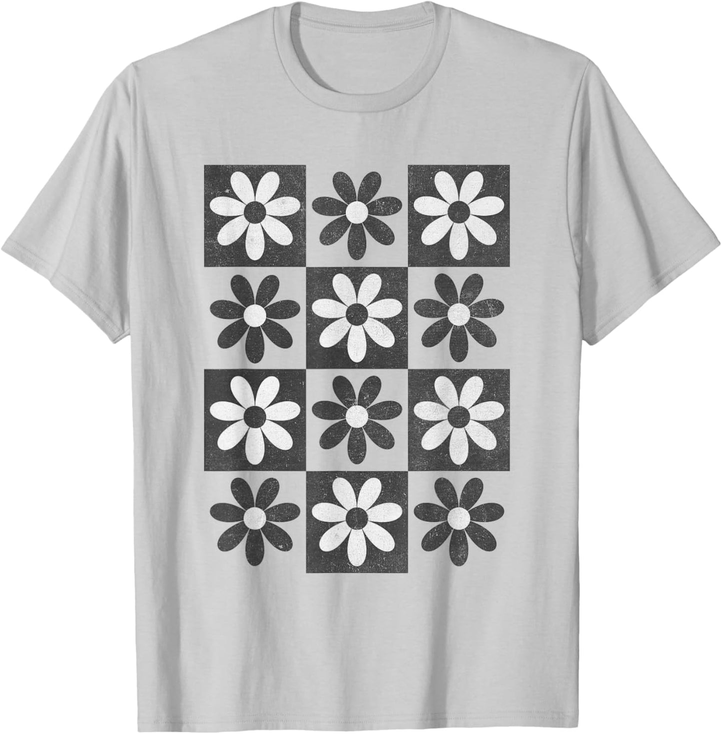 Retro Checkerboard Checkered Boho Flowers Floral T-Shirt - T-Shirt | Ash