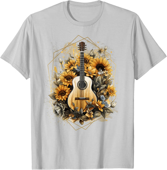 Acoustic Guitar Sunflower Music Women Graphic T-Shirt - T-Shirt | Ash