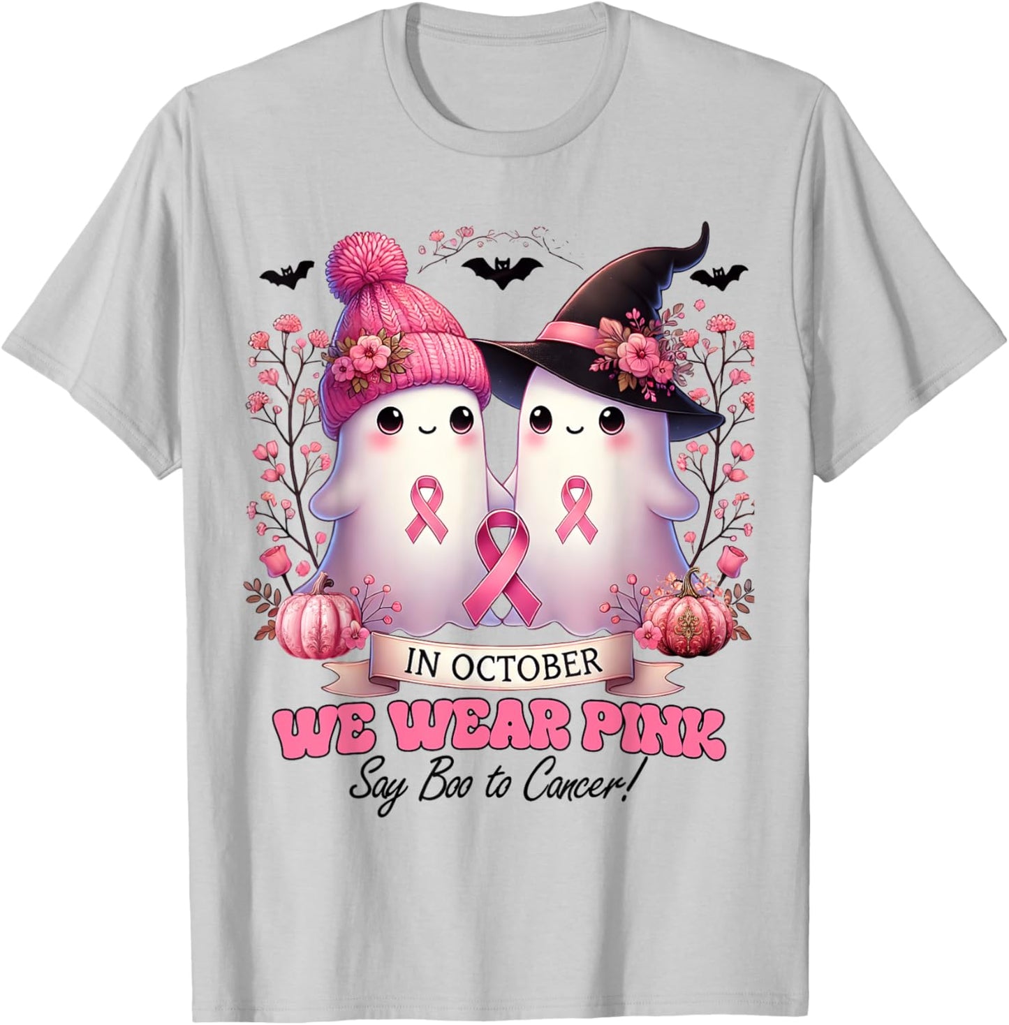 In October We Wear Pink Witch Ghost Pumpkin Breast Cancer T-Shirt - T-Shirt | Ash