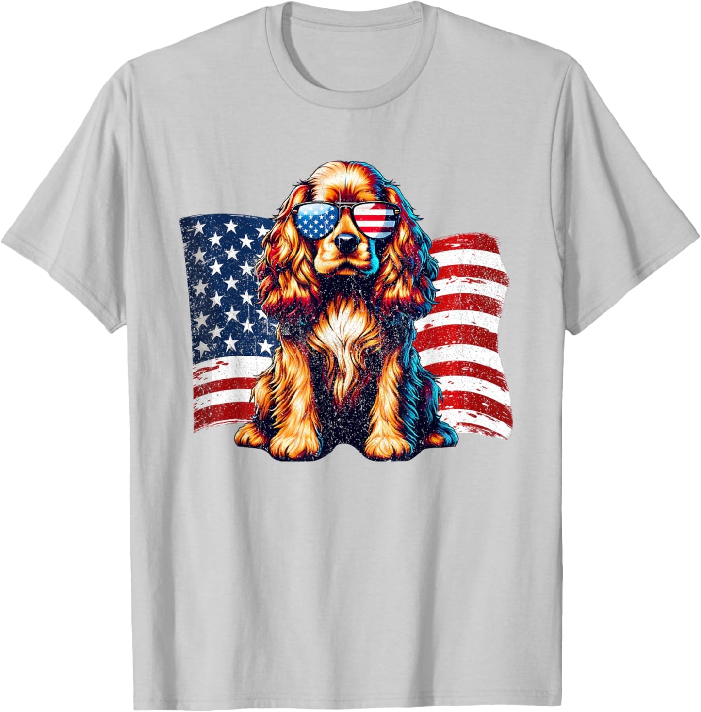 Cocker Spaniel American Flag Sunglasses Patriotic Vintage T-Shirt - T-Shirt | Ash