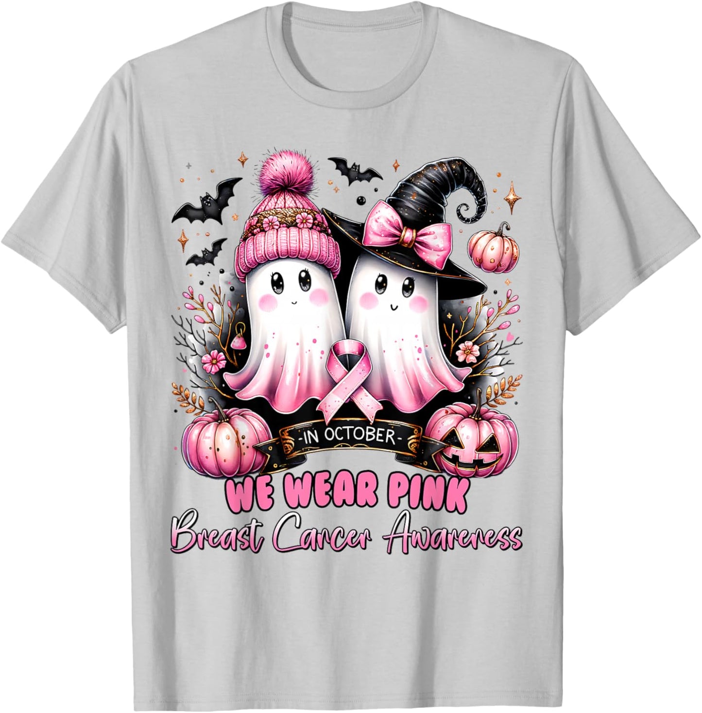 In October We Wear Pink Ghost Witch Breast Cancer Awareness T-Shirt - T-Shirt | Ash
