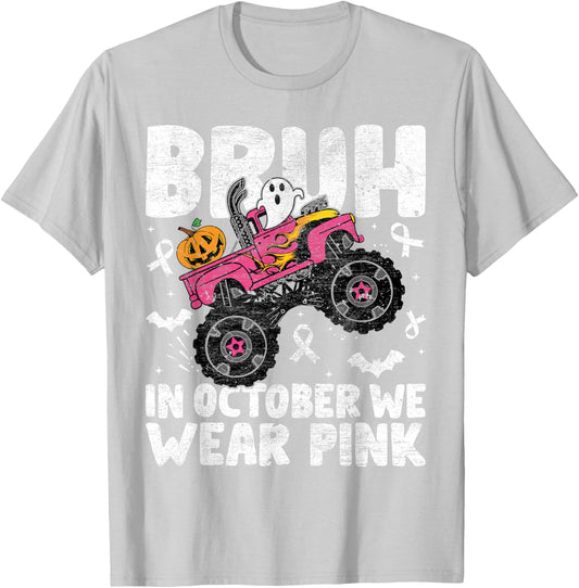 Bruh In October Wear Pink Breast Cancer Halloween Kids Boys T-Shirt - T-Shirt | Ash
