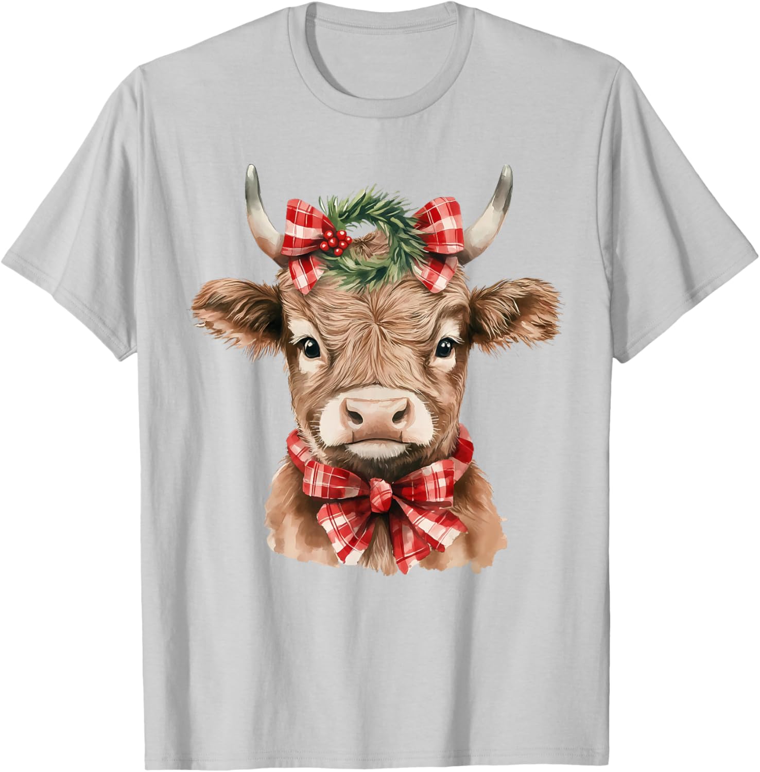 Christmas Highland Cow Cute Moo Cow Coquette Xmas Women Kids T-Shirt - T-Shirt | Ash