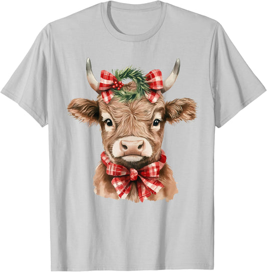 Christmas Highland Cow Cute Moo Cow Coquette Xmas Women Kids T-Shirt - T-Shirt | Ash