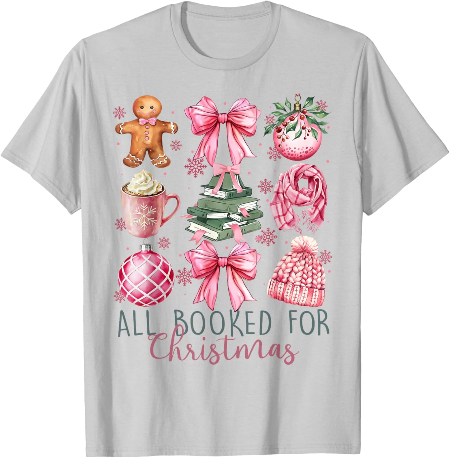 All Booked For Christmas Book Christmas Gingerbread Bow T-Shirt - T-Shirt | Ash
