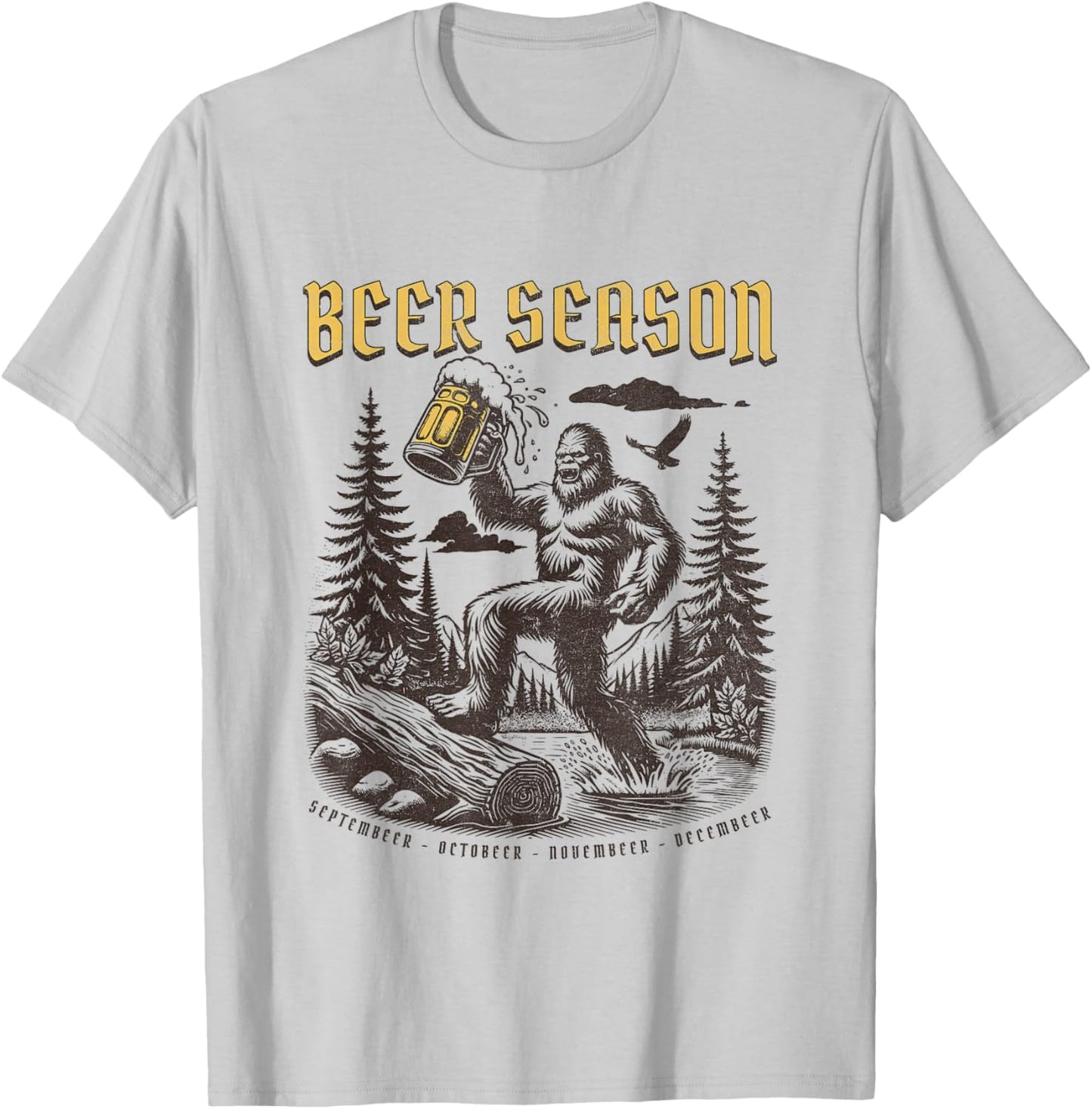 Funny Beer, Funny Big Foot Sasquatch Drinking, Beer Season T-Shirt - T-Shirt | Ash