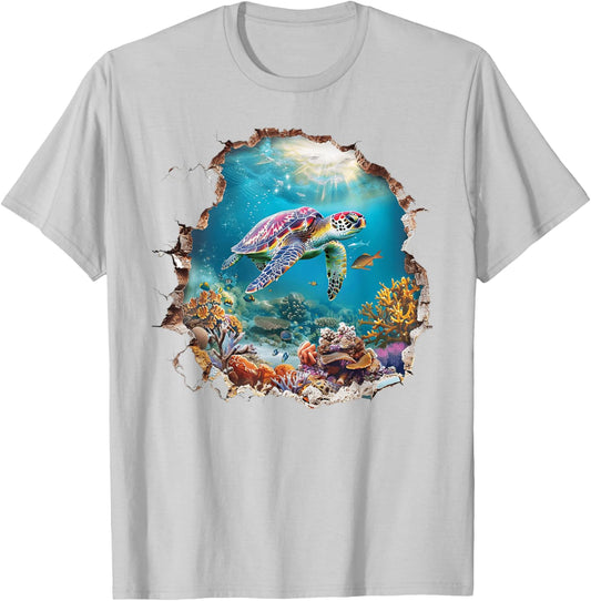 A 3D Hole In The Wall With A Turtle Swimming In A Sea T-Shirt - T-Shirt | Ash