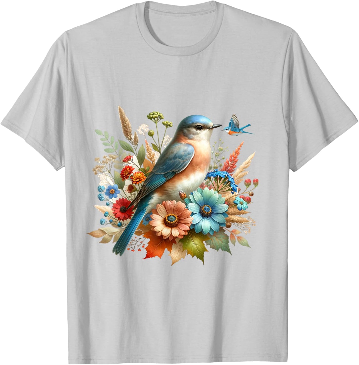 Eastern Bluebird Vintage Floral Autumn Bird T-Shirt - T-Shirt | Ash