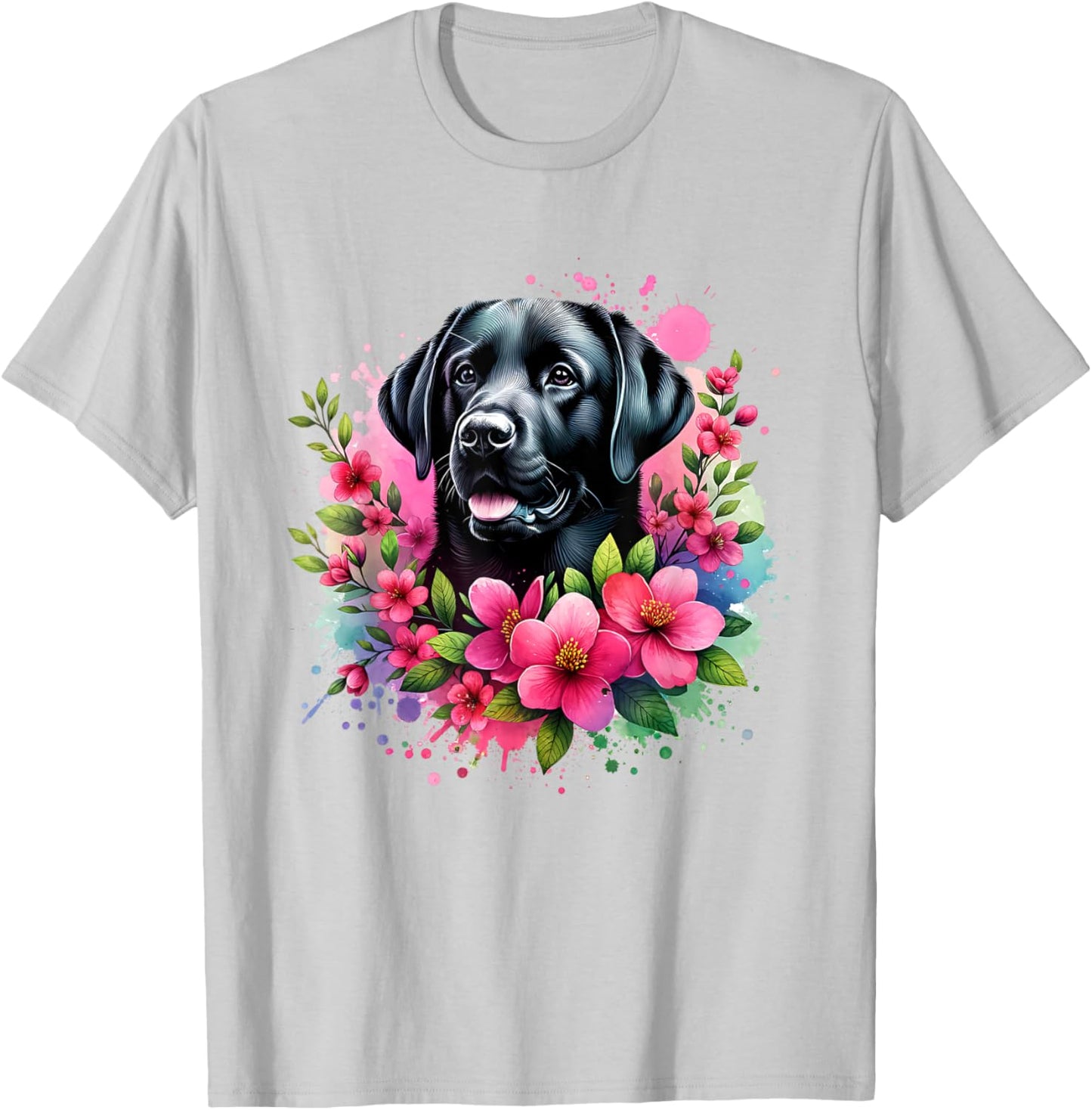 Watercolor Cute Black Labrador Dog Mom Pink Flowers Women Kids T-Shirt - T-Shirt | Ash