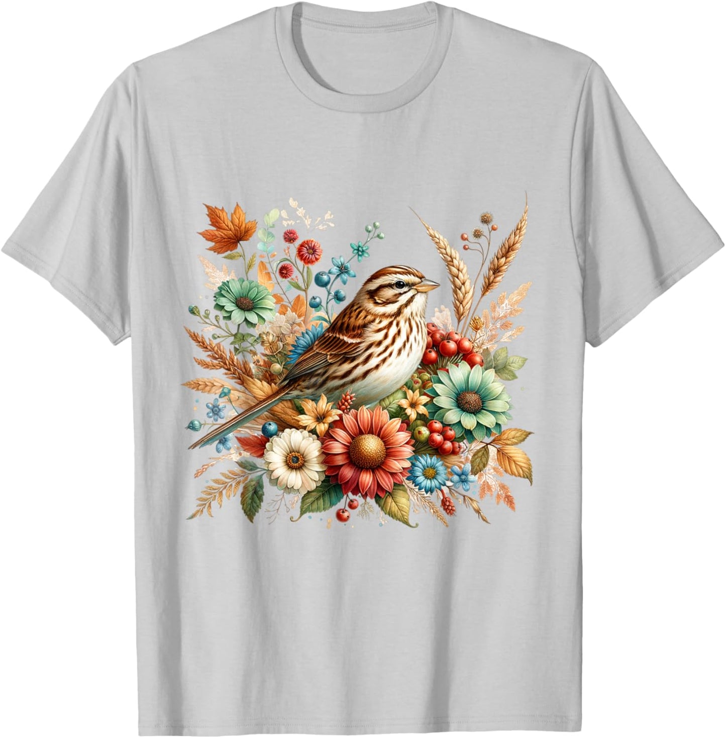 Song Sparrow Vintage Floral Autumn Bird T-Shirt - T-Shirt | Ash