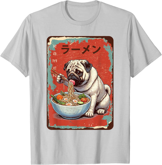 Pug Dog Eating Ramen Japanese Noodles Soup T-Shirt - T-Shirt | Ash