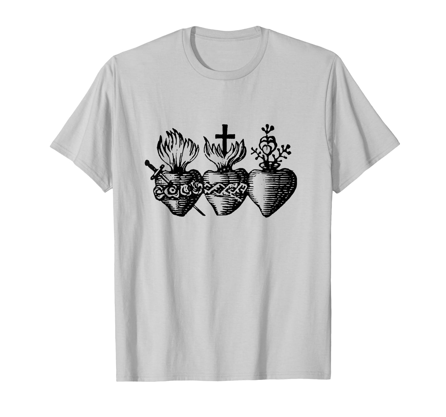 Sacred Hearts of Jesus Mary and Joseph Catholic Etching T-Shirt