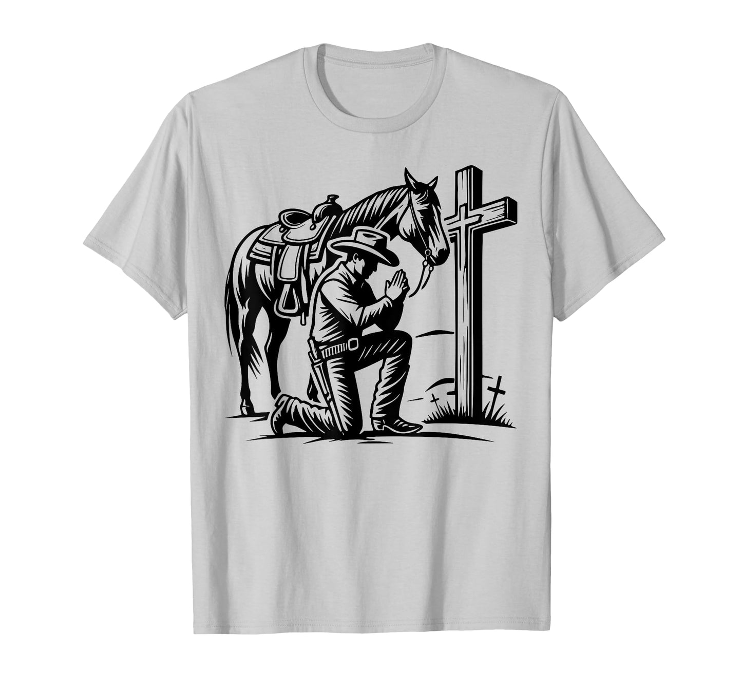 Cowboy Praying, Western Theme, Horse and Cross, Faith T-Shirt