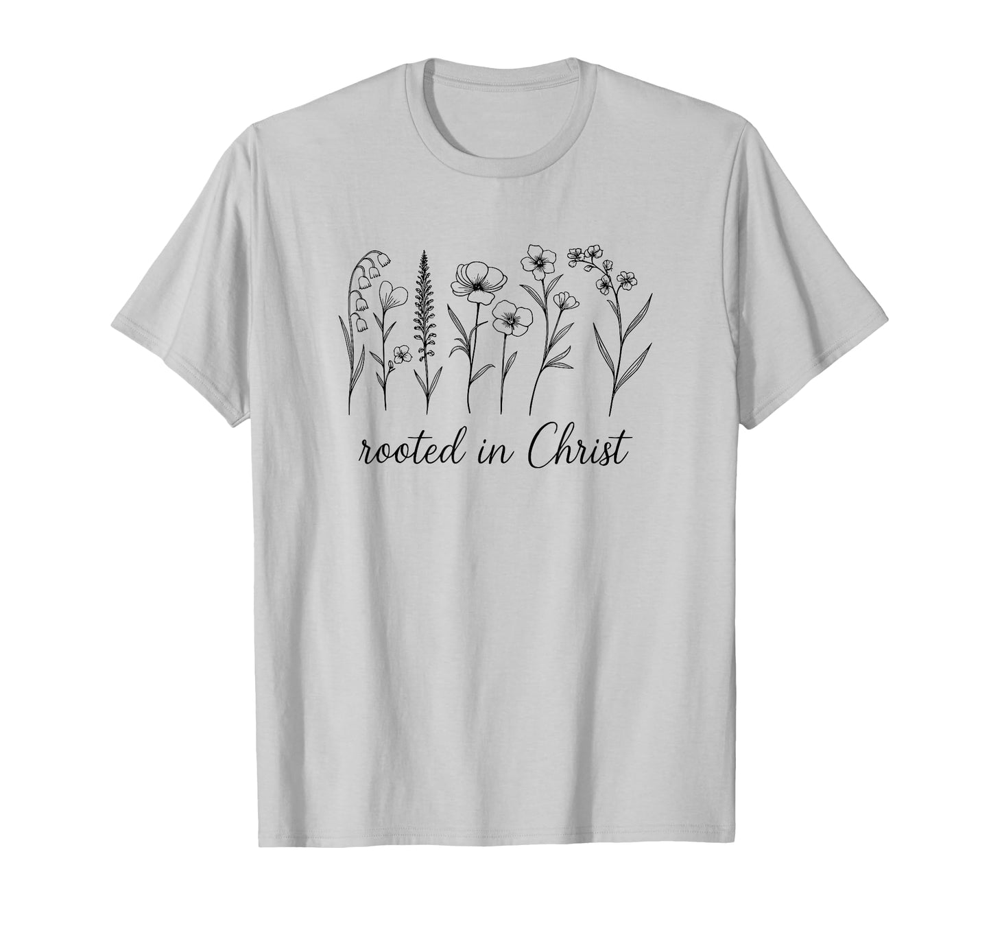 Rooted in Christ Modern Christian Floral Line Art Minimalist T-Shirt
