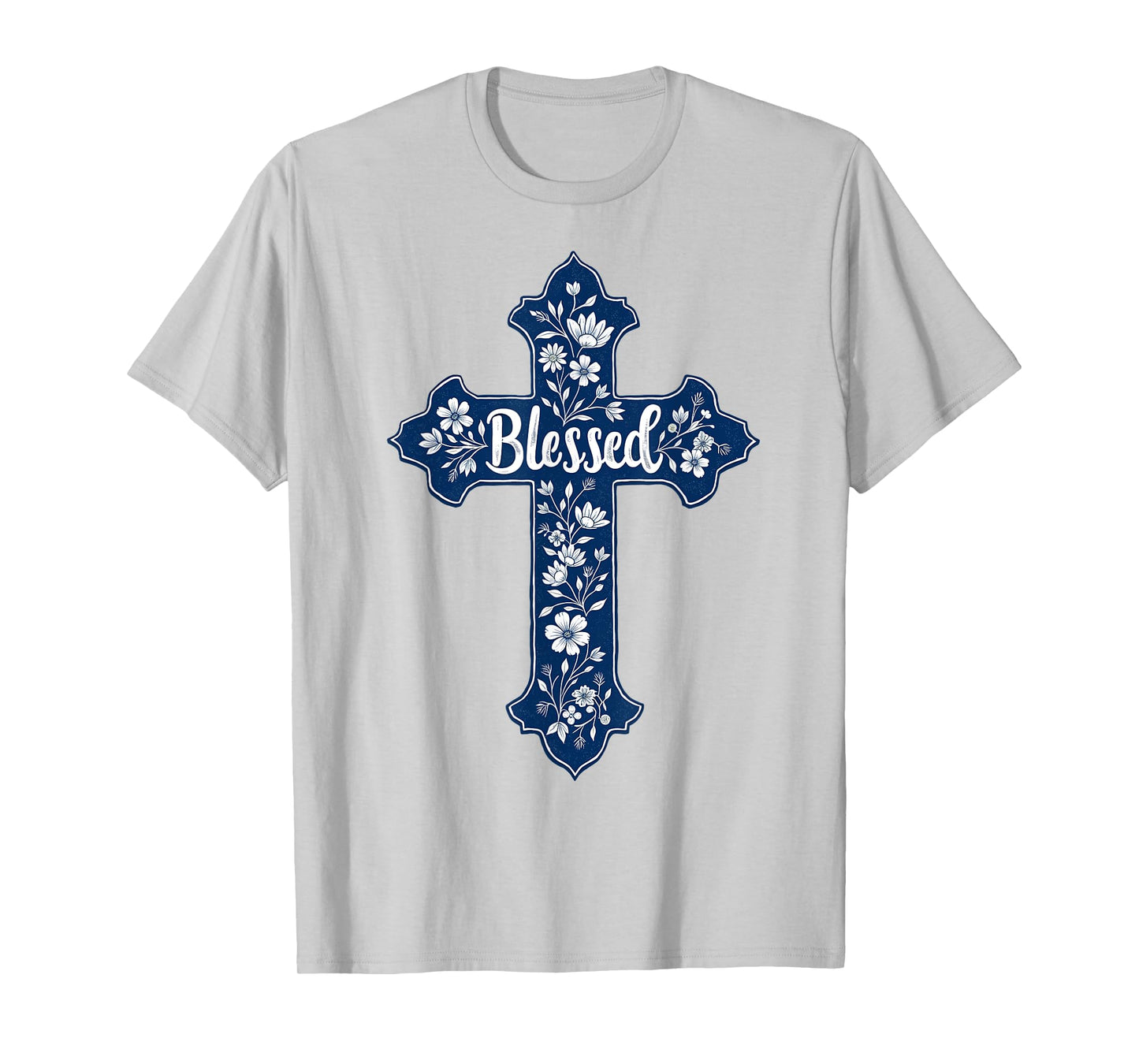 Christian Faith Cross Blue Toile Chinoiserie Floral T-Shirt